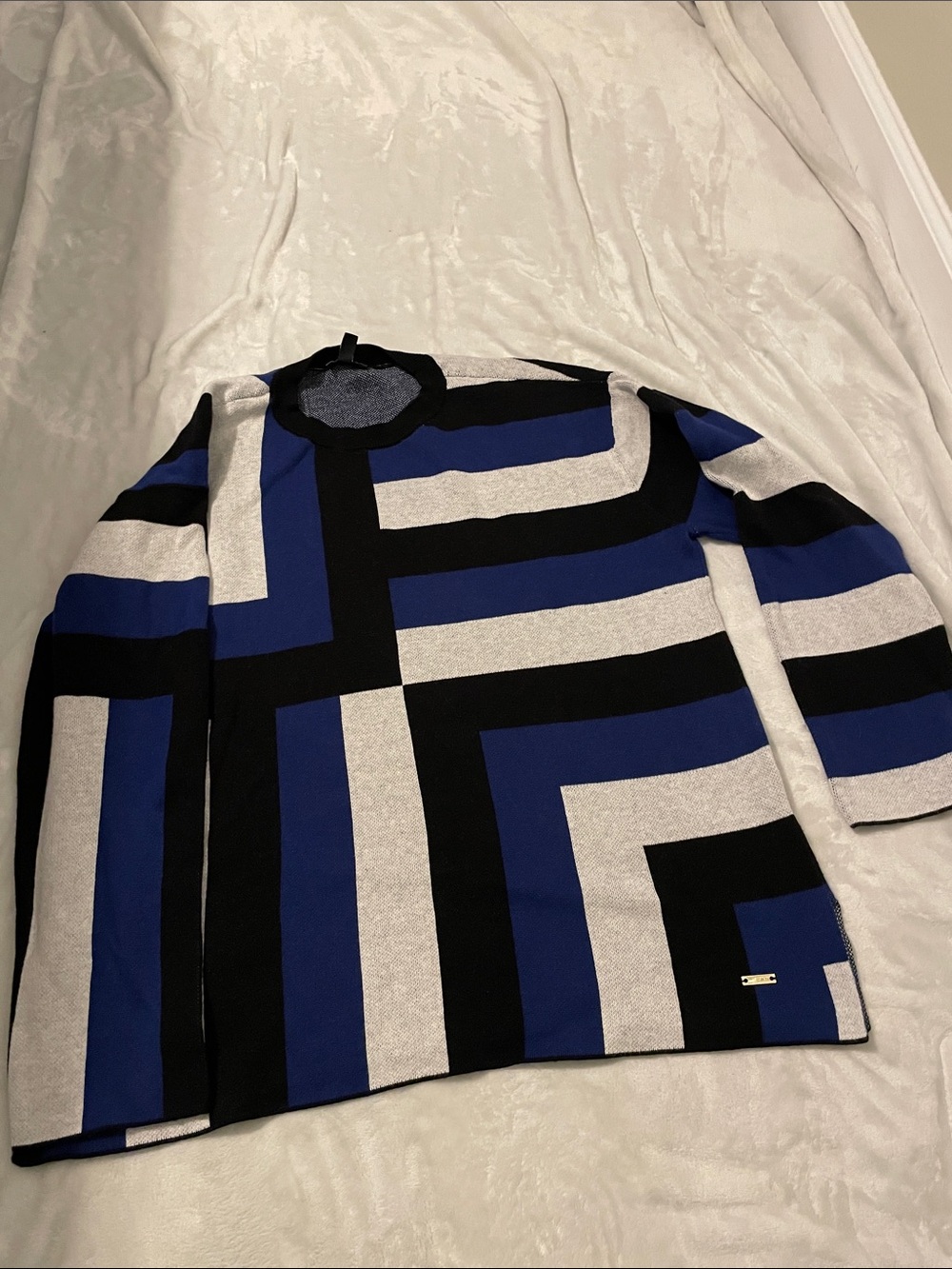 Jones New York Blue, Black & White Geometric Crewneck Sweater
